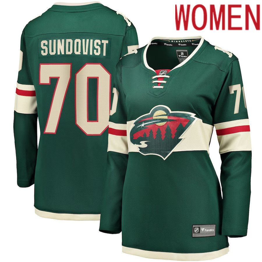 Women Minnesota Wild #70 Oskar Sundqvist Fanatics Branded Green Home Breakaway NHL Jersey->women nhl jersey->Women Jersey
